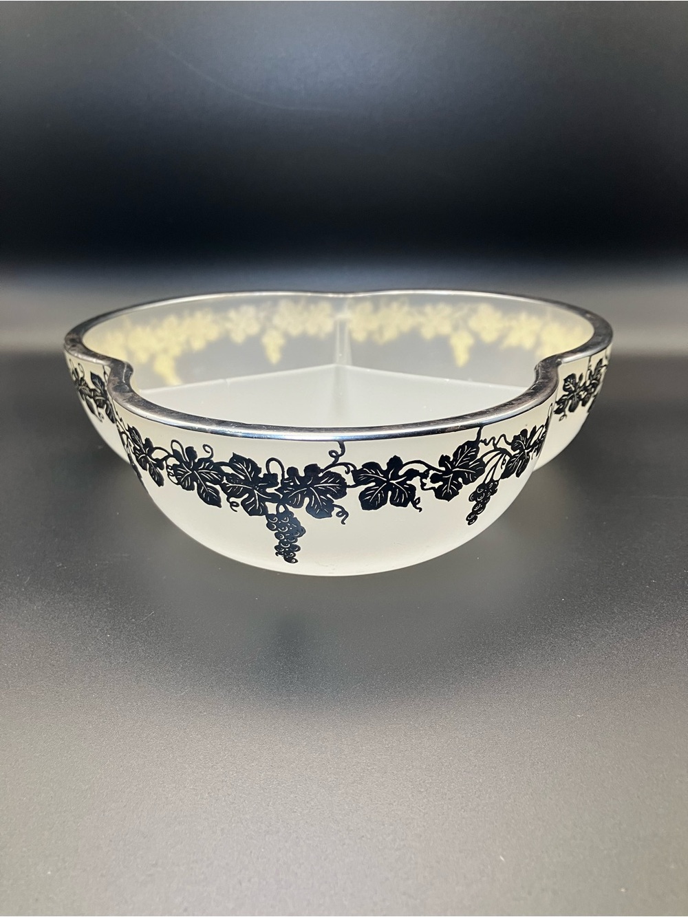 Vintage Frosted 3 Compartment Dish with Silver Grape Vine Motif